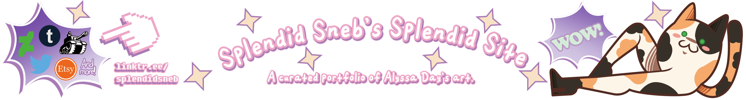 A website banner depicting text and a sassy legged cat.